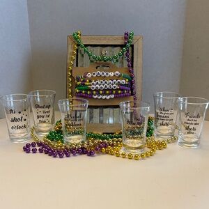 Mardi Gras Celebration Set - Bracelets, Beaded Necklaces, Shot Glasses